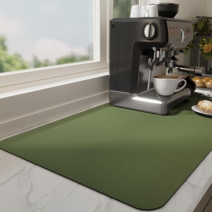 Ecotrim Absorbent Coffee Mat , Stain Hiding PU Leather Surface, Non-Slip Natural Rubber Backing, Quick Dry Mat for Espresso Machine, Kitchen Counter ,Green | 12" x 19"