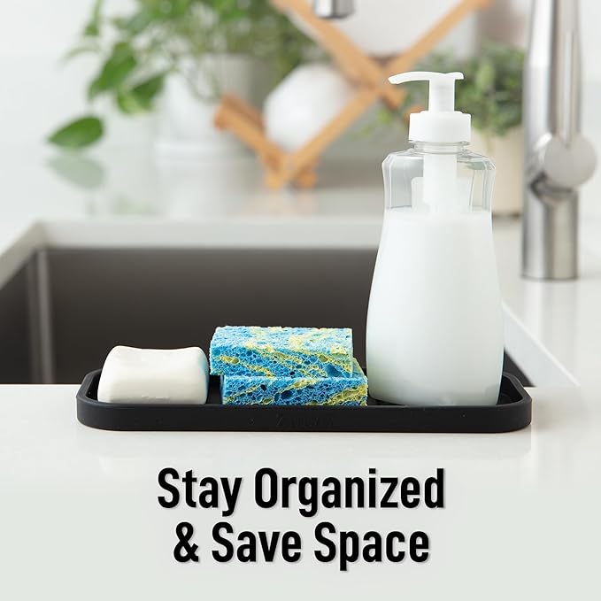 Zulay Kitchen (9x3.5) Silicone Sponge Holder for Kitchen Sink - Flexible Multipurpose Soap Tray Sponge Holder - Sink Organizer Tray for, Bathroom, Makeup, Trinkets & More (Black)