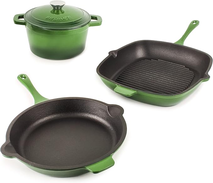 BergHOFF Neo 4Pc Enameled Cast Iron Cookware Set, Grill Pan 11 inches, Fry Pan 10 inches, 3qt. Dutch Oven, Matching Lid, Fast, Evenly Heat, Oven Safe (Green)