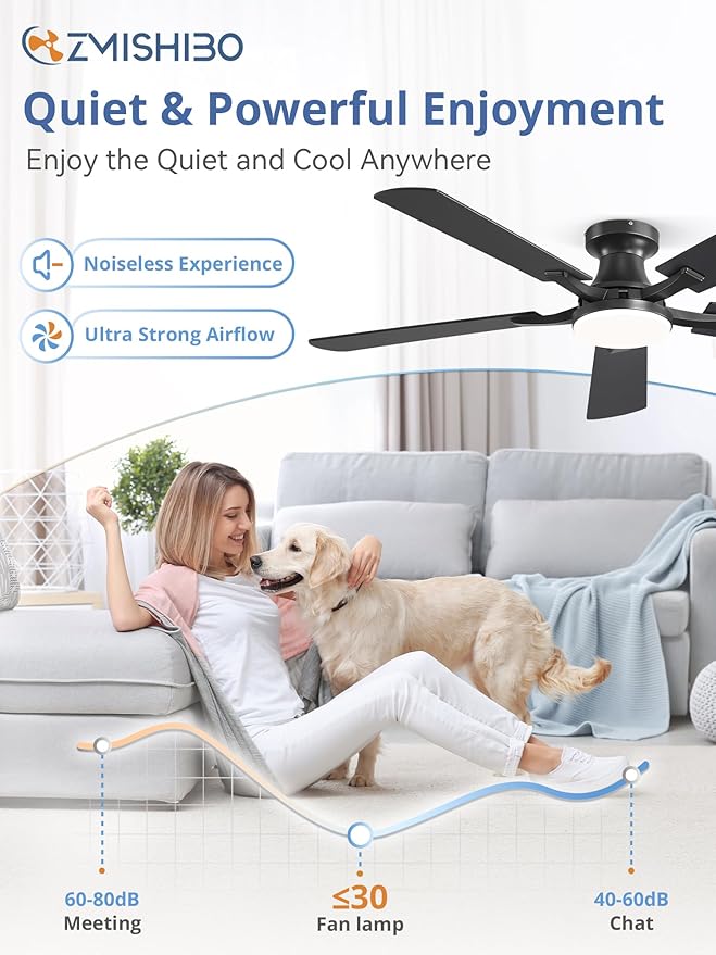 ZMISHIBO 52 Inch Ceiling Fan with Light, App&Remote Control, Flush Mount Low Profile, Dimmable 20W LED Light, Quiet Reversible Motor for Bedroom, Living Room, Apartment, Black