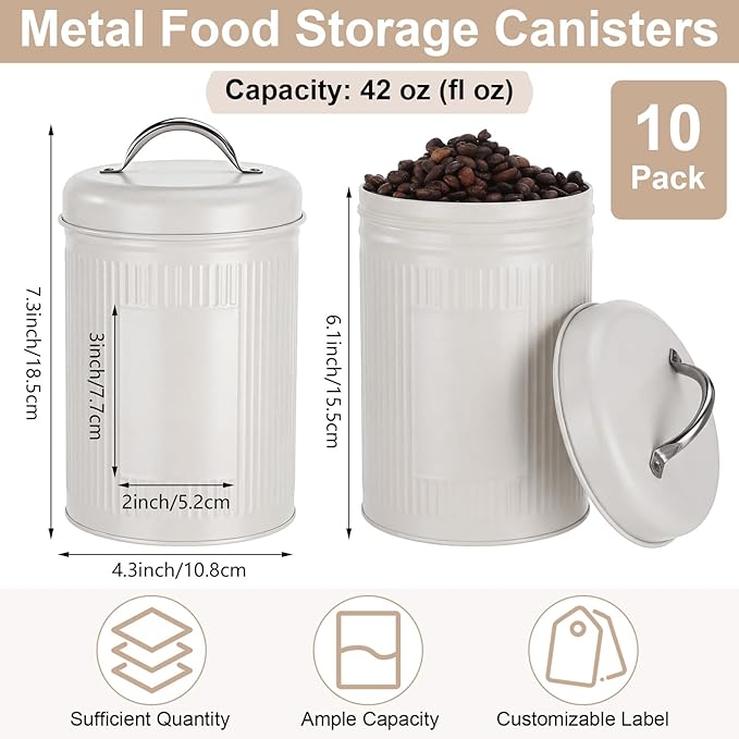 LemonRoad 10 Pack Kitchen Canisters Set Large 48oz Airtight Metal Food Storage Jars with Lids Vintage Farmhouse Coffee Canister Rustic White Pantry Decor for Coffee, Tea, Sugar, Flour, Cookies & Snack