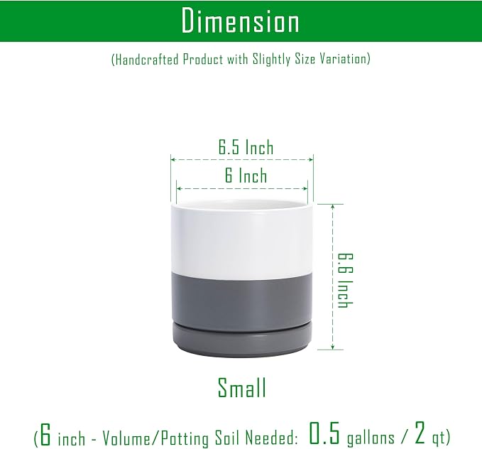 D'vine Dev 6.5 Inch Ceramic Planter Pot, White/Grey, 94-O-C-6 | Modern Cylinder Design, Drainage Hole & Saucer Included, Stable Structure, Elegant Home Accent