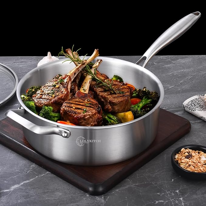 LOLYKITCH 7 QT Tri-Ply Stainless Steel Sauté Pan with Lid,12 Inch Deep Frying pan,Large Skillet,Jumbo Cooker,Induction Cooking Pan,Oven Safe and Detachable Handle.