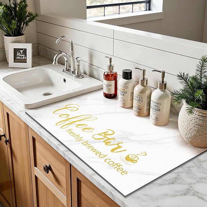 Findosom Dish Drying Mat, 17"x 32" Super Absorbent & Hide Stain Coffee Mat, Cuttable Drying Mat for Kitchen Counter, Coffee Bar Accessories, Under Dish Rack, Coffee Maker, Espresso Machine, White