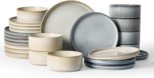 Famiware Star 24-Piece Plates and Bowls Set with Trim, Service for 8 - Stoneware Reactive Glaze Dinnerware, High Edge Ribbed Dishes, Chip & Scratch Resistant, Microwave & Dishwasher Safe, White & Blue
