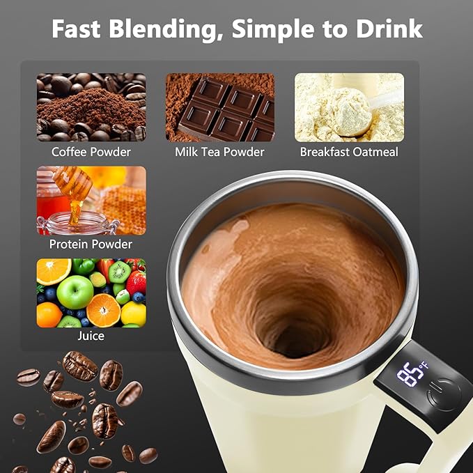 Self Stirring Coffee Mug with Temperature Display, 18 oz Rechargeable Self Stirring Mug with Lid, Automatic Self Stirring Cup with Stainless Steel for Coffee, Milk, Beverages, White