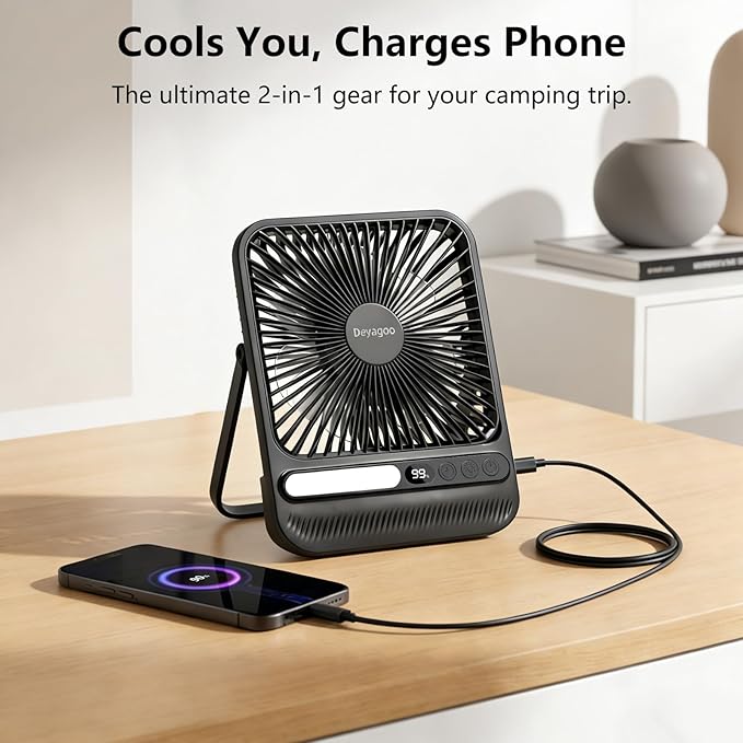 Deyagoo Travel Fan,7-Inch Portable Fan, Rechargeable Fan, 28H 10000mAh Ultra-Thin Quiet USB Desk Fan with Timer & LED Display for Bedroom, Office, Camping