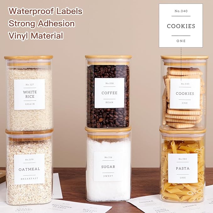 CZZGSM 6 Pack Square Kitchen Storage Jars with Airtight Bamboo Lids and 132 Pantry Labels - 35oz Glass Canisters With Wood Lids - Food Storage Containers for Coffee, Cookie, Tea, Spice