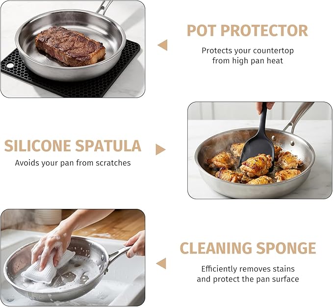 Tri-Ply Stainless Steel Frying Pan Set With Lids, 13pcs Stainless Steel Cookware Set with Detachable Handle, Induction Compatible Skillets for All Stovetops, Dishwasher and Oven Safe, Sliver