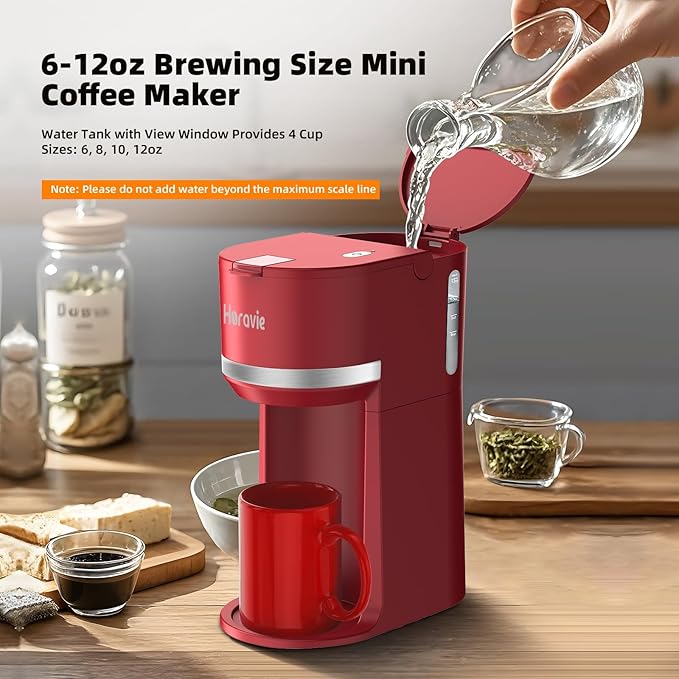 Horavie Mini Single Serve Coffee Maker for K-Cup Pod and Grounds, Fast Brew One Cup Coffee Machine with Descaling Reminder and Water Window, 6 to 12 oz. Brew Sizes, Red