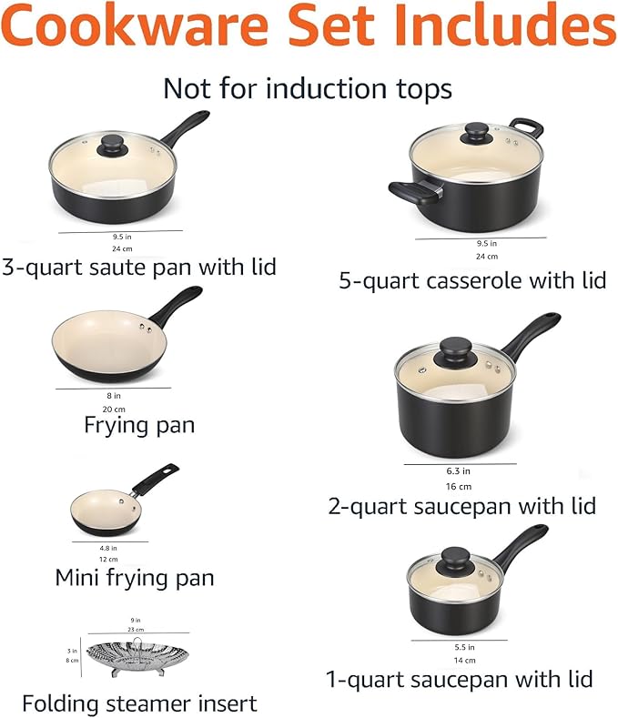 Amazon Basics 11-Piece Ceramic Non-Stick Pots and Pans Set, Dishwasher & Oven Safe, Easy Clean, Glass Lids, Black/Cream