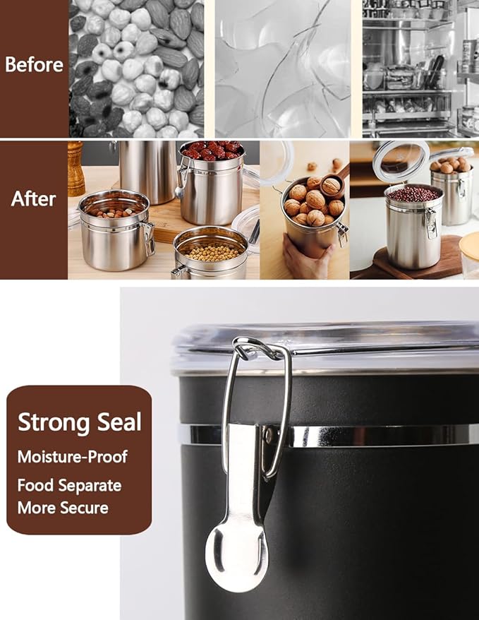 Walktosun Stainless Steel Food Container with Clear Lids Airtight Storage Container Stackable Small Canisters Kitchen Pantry Storage for Cereal, Snacks, Candy, Herbs, Spices, Sugar, Tea (1.2L Black)