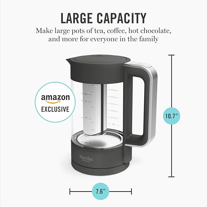 Martha Stewart Electric Kettle with Removable Stainless Steel Tea Infuser, Glass Carafe 1.7L (7 Cups), Hot Water Boiler, 4 Presets, Keep Warm & Auto Shut-Off, Cordless 360° Swivel Base, Caviar Gray