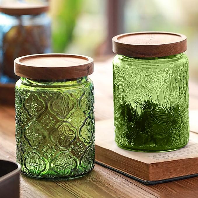 Glass Jar with Lid, Vintage Glass Storage Jars with Airtight Lid Coffee Canister Sugar Container for Kitchen Counter Pantry, Flour, Candy, Tea, Coffee Beans, Oats (Begonia Sunflower Green)