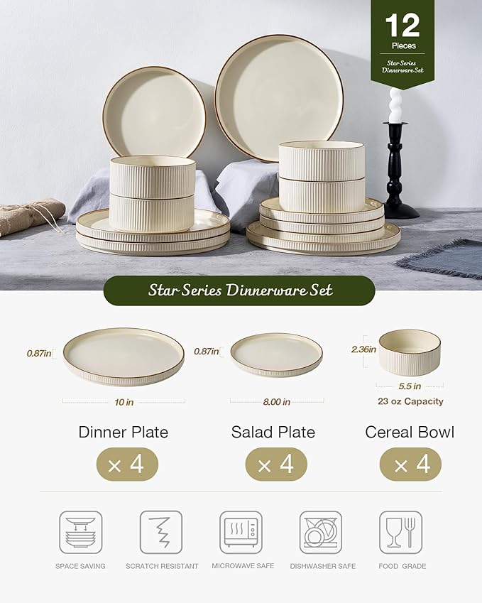 Famiware Star 12-Piece Stoneware Dinnerware Sets with Trim, Service for 4, Ceramic Plates and Bowls Set, Modern Rustic Dishes, Everyday/Formal, Chip/Scratch Resistant, Microwave/Dishwasher Safe, Cream