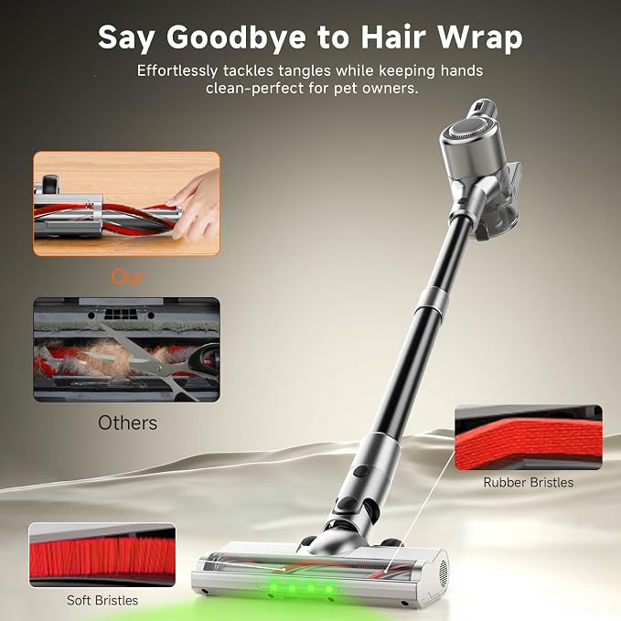 Cordless Stick Vacuum Cleaner - Rechargeable,40Kpa Powerful Suction Vacuum for Home,45Mins Runtime,Detachable Battery,Anti-Tangle, 8 in 1 Lightweight Vacuum for Pet Hair Carpet Hardwood, Silver