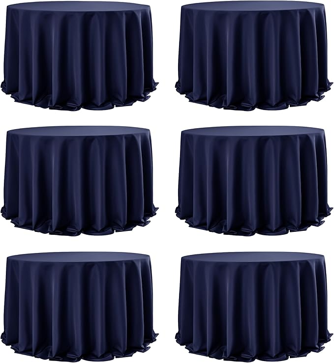 6-Pack Navy Blue Round Tablecloths, 132 Inches, Stain-Resistant Polyester for 6-8 Ft Round Tables - Washable Table Covers for Weddings, Banquets, Birthday Parties, Events