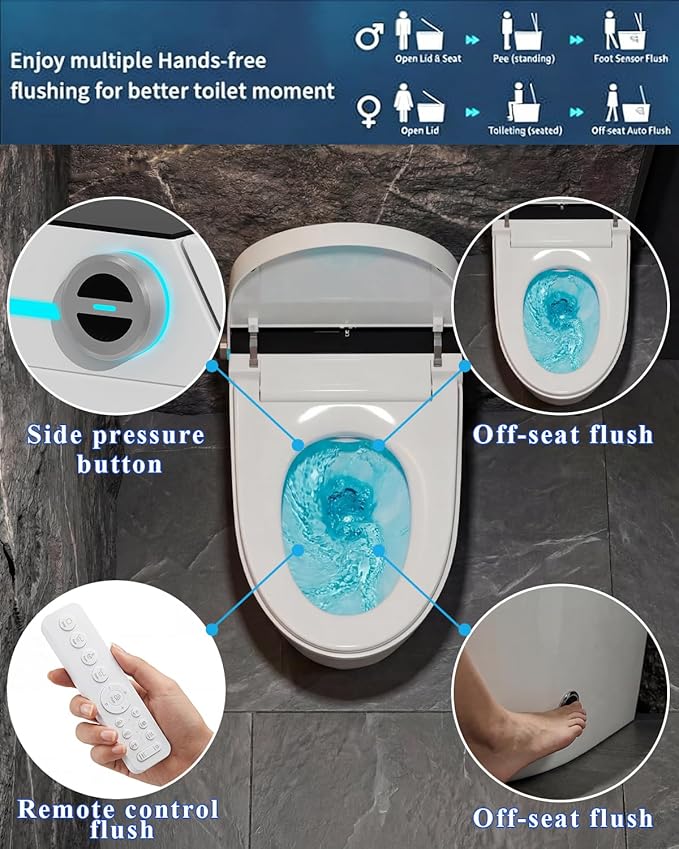 Smart Toilet with Auto Open/Close, Bidet Function, Heated Seat & Dryer, One Piece Elongated Modern Toilet with Foam Shield Technology, Heated Seat, Night Light,Tankless Toilets for Bathrooms