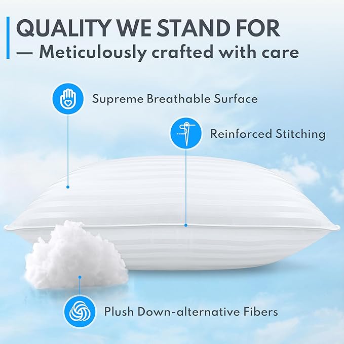 Standard Size Bed Pillows Set of 2 - Breathable Premium Down Alternative Pillows for Side, Back, and Stomach Sleepers Hotel Quality Fluffy Soft Microfiber Fill Cooling Skin-Friendly