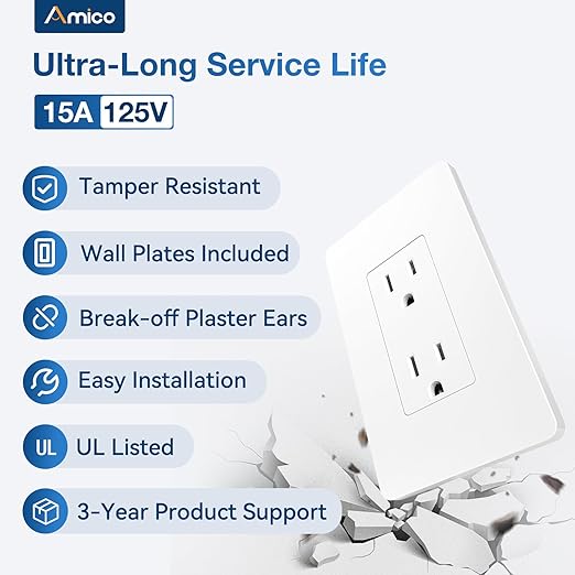 Amico Wall Outlet, 15 Amp Outlets, UL Listed, Tamper-Resistant Standard Electrical Outlet, Decorator Receptacle with Screwless Wall Plate, Suitable for Home and Business, 125V/1875W, White, 30 Pack