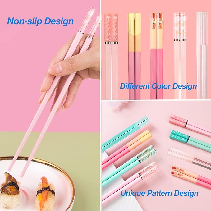5 Pairs Reusable Chopsticks Dishwasher Safe, Fiberglass Premium Japanese Chines Korean Chopsticks for Sushi Noodles Ramen, Non-slip Chop Sticks, Lightweight, 9.6 inches- Green&Pink-B