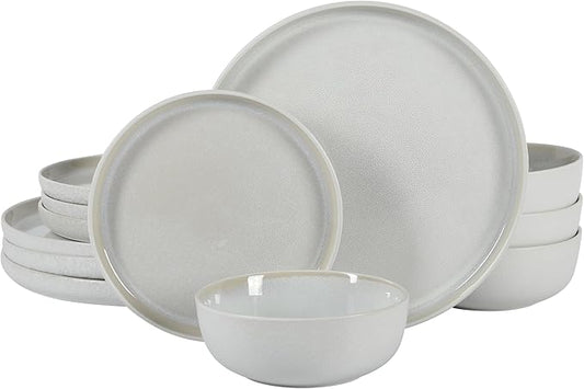Gibson Elite Tahoe Sunset 12 Piece Stoneware Reactive Glaze (Service for 4) Ceramic Plates and Bowls Dinnerware Set - Cream White