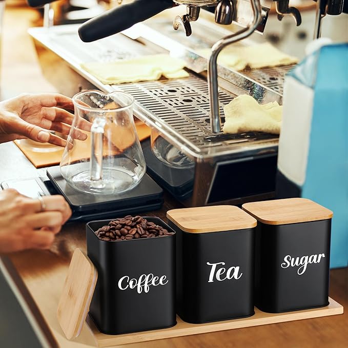 Tioncy Coffee Tea Sugar Container with Tray Set of 3 Airtight Metal Canister with Bamboo Lid Tray for Kitchen Counter Dining Room Farm House Kitchen Style Drink Station Organizer Set (Black)
