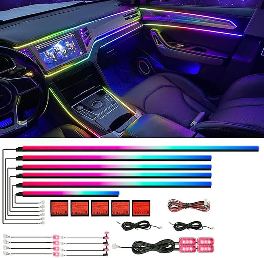 HMYC Acrylic Interior Car LED Strip Light with APP, 18-in-1 128 Colorful 6 Pieces Fiber Optic Car Decoration Atmosphere Light Kits, Dual Zone Music Sync Rhythm RGB Neon Lighting for All Cars