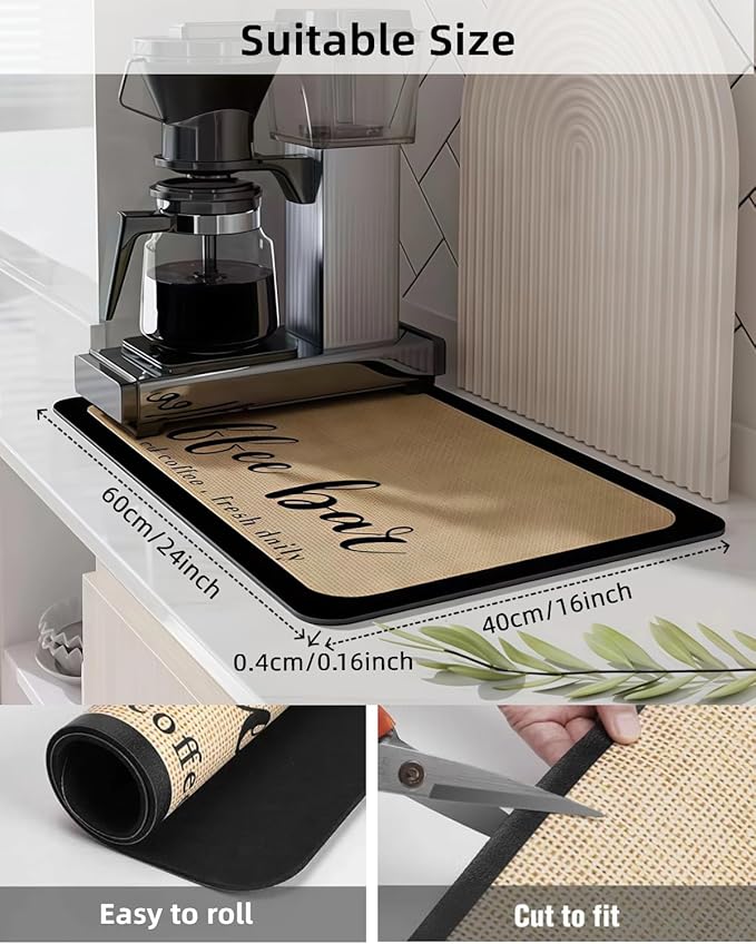 Coffee Mat 16"x24" Coffee Bar Mat Rubber Backed Bar Accessories Super Absorbent Dish Drying Mats for Kitchen Counter, Fit Under Coffees Maker Espresso Machine Dish Rack (Cream)