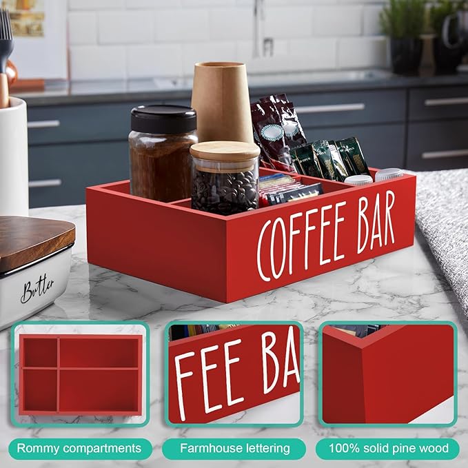 ALELION Red Coffee Station Organizer with Removable Dividers - Coffee Pod Holder Storage Basket for K Cup Sugar Tea - Red Coffee Bar Kitchen Decor Accessories Organizer for Countertop
