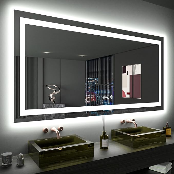 LOAAO 60"X36" LED Bathroom Mirror with Lights, Anti-Fog, Dimmable, Backlit + Front Lit, Lighted Bathroom Vanity Mirror for Wall, Memory Function, Tempered Glass, ETL Listed