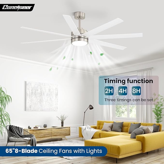 Conciseer 65 Inch Ceiling Fans with Lights and Remote for Bedroom Living Room Kitchen Office, Indoor/Outdoor Use, 6CCT Dimmable, 8 Blades 6 Speed Reversible Quiet DC Motor, Sand-nickel/White