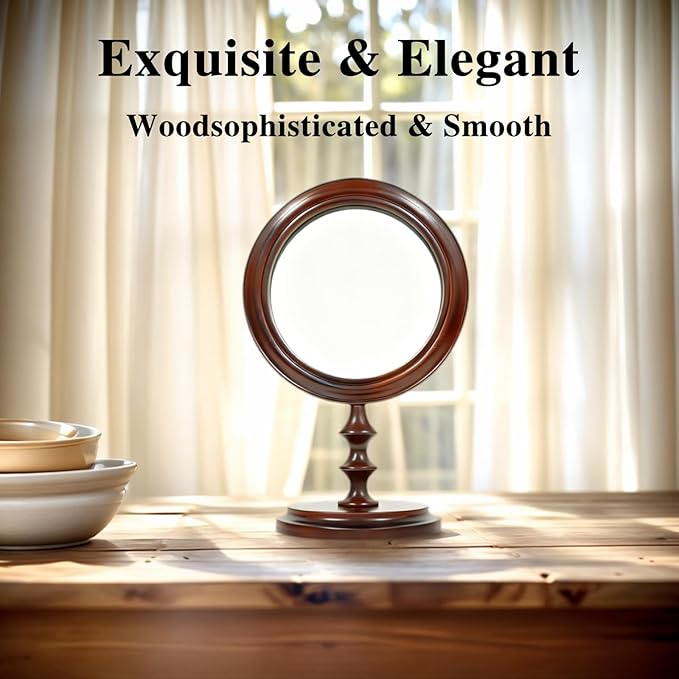 Vintage Makeup Mirror for Tabletop, 100% Solid Wood Frame Table Vanity Mirror with Stand for Vanity Table, Desk Mirror for Bedroom Living Room Retro Decor