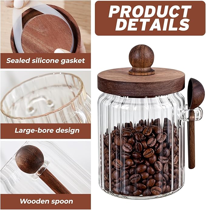 2 Pack Brown Sugar Keeper Bowl with Lid and Spoon, Farmhouse Style Coffee canister - Food Storage Glass Jars (20oz) with Wooden Lid for Kitchen, Coffee Bean, Tea, Baking Supplies & Spice Dispenser