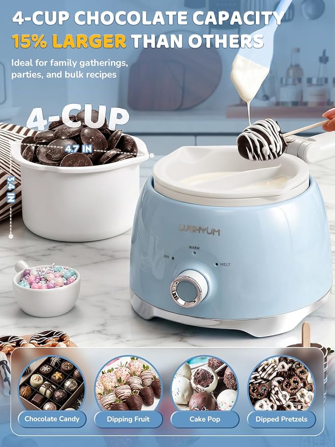 Electric Chocolate Melting Pot with 2 Insert Pots, 4-Cup Chocolate | Even Heating & Fast Melting, BPA-Free Silicone, Easy Clean, Less Waste, Ideal for Chocolate & Candy Melts, Parties, Fondue