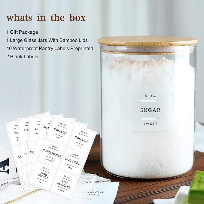CZSZYGHBAO Large Glass Flour and Sugar Containers Jars with Bamboo Airtight Lid - 100 Fl Oz (3000ml) with Kitchen 42 Pantry Labels for Dry Food, Flour, Pasta, Cereal