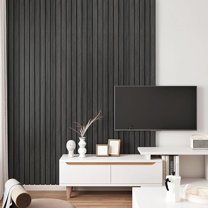Grey/Black 3D Wood Panels for Wall Decor 197"x11.8" Peel and Stick Faux Wood Wall Panel Self Adhesive Soundproof Wooden Slats Paneling Wallpaper for Living Room Bedroom Office Work Shop