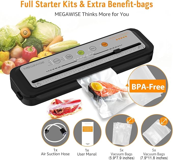 Updated Vacuum Sealer Machine 2025, MEGAWISE Food Sealer w/Starter Kit, Dry & Moist Food Modes, Compact Design with 10 Vacuum Bags & Built-in Cutter (Grey)