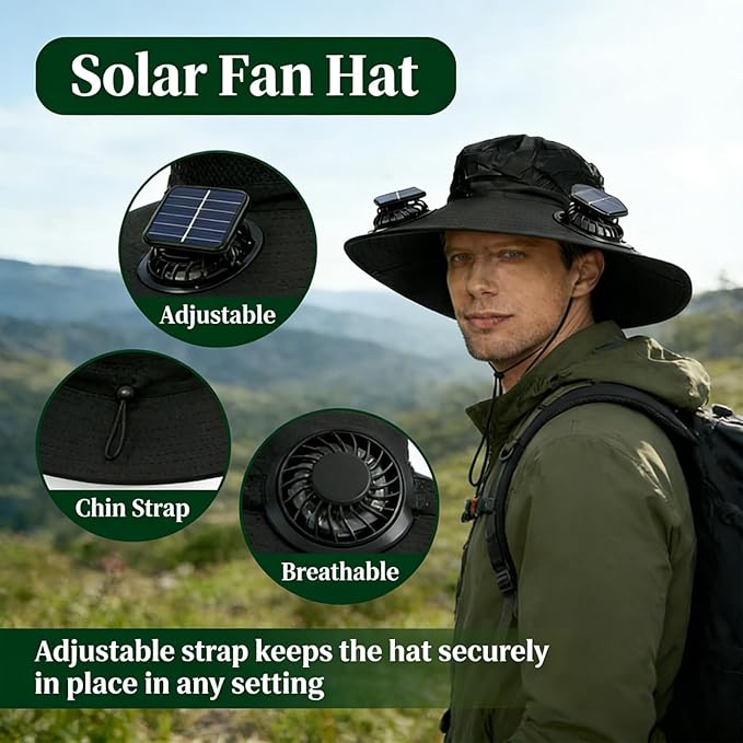 Solar Fan Hat, Hat with Fans Solar Power,Solar Powered Fan Hat for Outdoor Fishing, Hiking Gardening, USB Solar Charging Includes 2 Solar Fans(Black-XL)