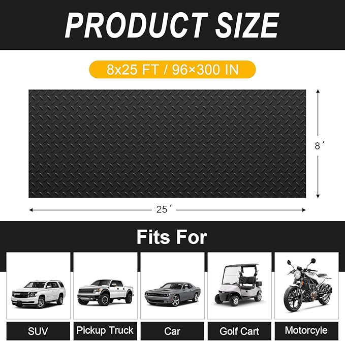 Grandroad auto 8x25 FT Garage Floor Mat, 2.8mm Thickened Flooring Roll for Under Car Diamond Plate PVC Rubber Mat with 20 Pcs Tapes, Non-Slip Floor Mat for Garage, Warehouse, Gyms, Trailer, Black