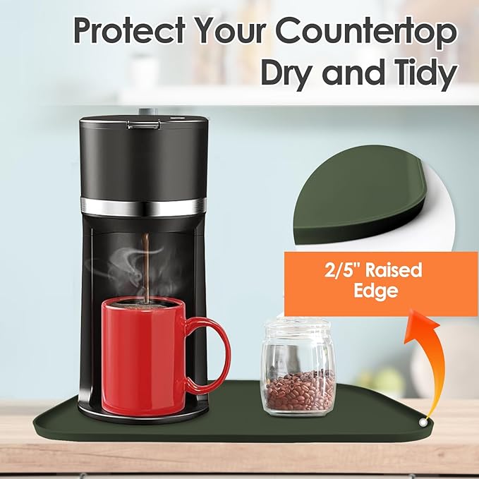 TOHONFOO Silicone Coffee Maker Mat with Lip, 24'' x 16'' Heavy Duty Coffee Maker Mat for Countertops, Coffee Tray Fit Under Coffee Machine Appliance Automatic Machines Espresso Accessory, Dark Olive