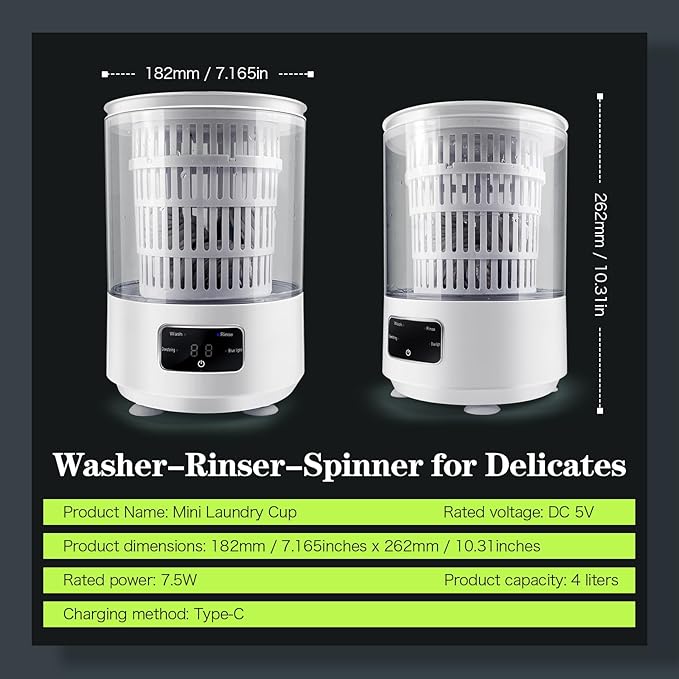 Portable Mini Washing Machine | Compact Deep Cleans Underwear, Baby Clothes, Small Laundry | Type-C, Spin-Dry & UV /4000 mAh Battery (WHTIE-4L)