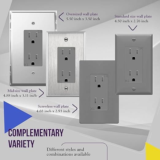 ENERLITES Decorator Receptacle Outlet, Tamper-Resistant, Gloss Finish, Residential Grade, 3-Wire, Self-Grounding, 2-Pole, 15A 125V, UL Listed, 61501-TR-GY-10PCS, Gray (10 Pack)