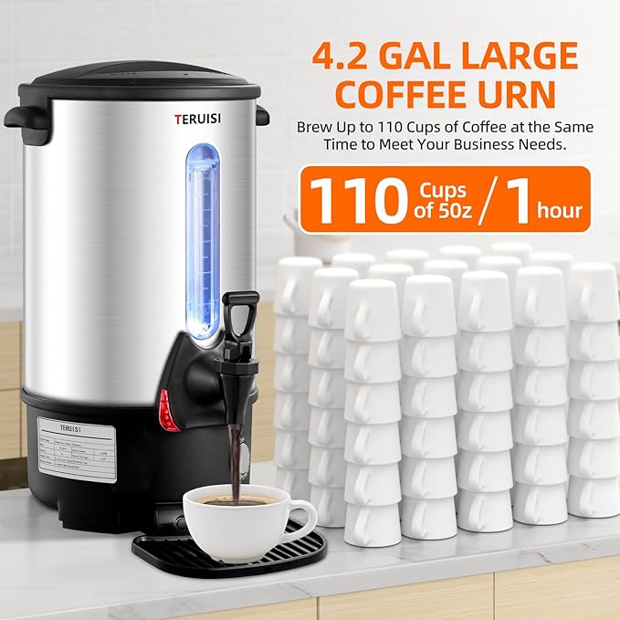 Commercial Coffee Urn, 110 Cup 1300W Hot Water Urn, 16L Large Coffee Maker, Dual Wall Stainless Steel Pot Hot Beverage Dispenser with Filter Basket & Temp Control for Catering, Business, Party