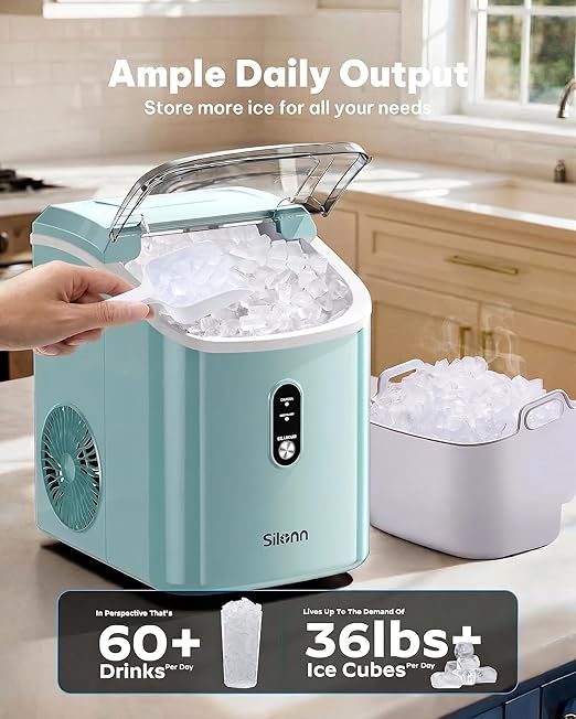 Silonn Nugget Ice Maker Countertop, Chewable Pellet Ice Machine with Self-Cleaning, Portable Pebble Ice Maker with Ice Scoop for Home, Kitchen & Office, Green