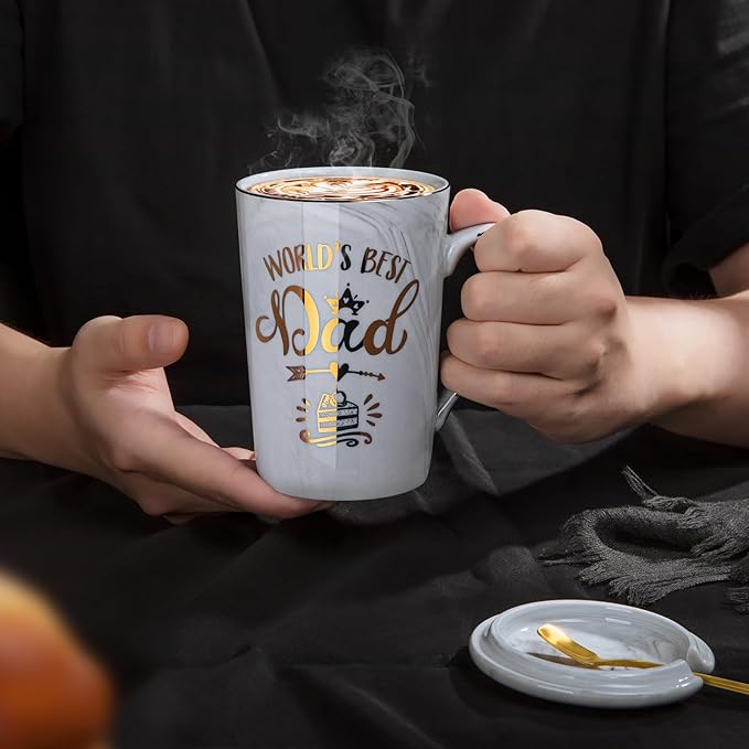 Birthday Gifts for Dad from Daughter, Son or Wife, Worlds Best Dad Mug – 14Oz Unique Grey Marble Coffee Cup with Gold Print, Funny Christmas Fathers Day Present, with Lid, Spoon, Card, Luxury Gift Box