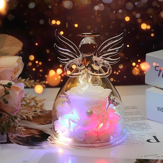 Mothers Day Mom Gifts for Mom,Fresh Flowers for Delivery,Birthday Gifts for Women Her,Preserved Flowers in Angel Figurines,Angel Gifts for Moms Mothers Day Grandma Wife Sister,Light Up White Gift