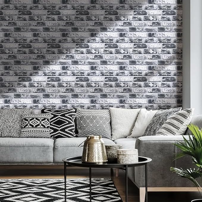 COMSTICKC 3D Faux Brick Wall Panels Peel and Stick Wall Stickers, 10 Pcs of 12"X12", Small Size Thin PVC Brick Self Adhesive Fake Brick Backsplash Kitchen, Whitewash Black