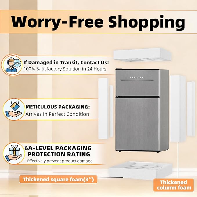 Mini Fridge with Freezer 3.2 Cu.Ft. 2 Door Refrigerator and Freezer Small Fridge for Bedroom Home Office Dorm, Small Drink Chiller, 37 dB Low Noise, Stainless Steel