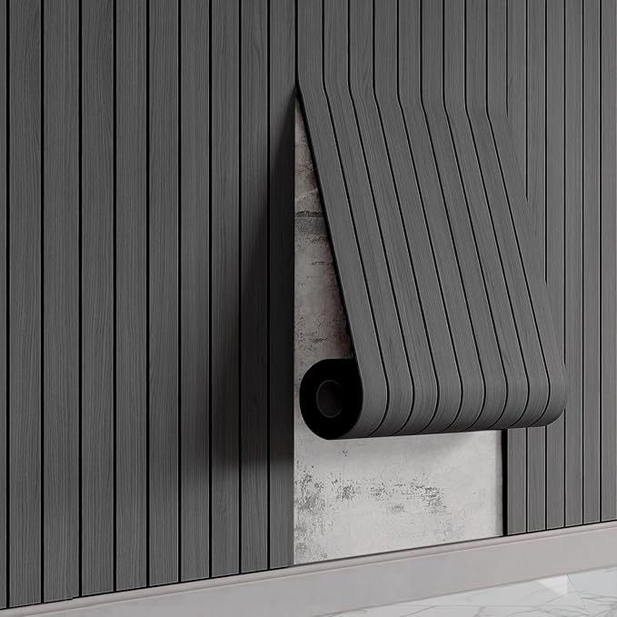 Self-Adhesive PVC Slat Wall Panels, Peel and Stick Wood Panels 236"x15.75", Thick Faux Black Oak Wood Grain Wallpaper Panels 3D Soundproof Wall & Ceiling Panels Decorativos para Pared